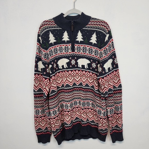 Aspen Other - Aspen Mens Polar Bear Fair Isle Quarter Zip Sweater Size XL Blue Red Novelty